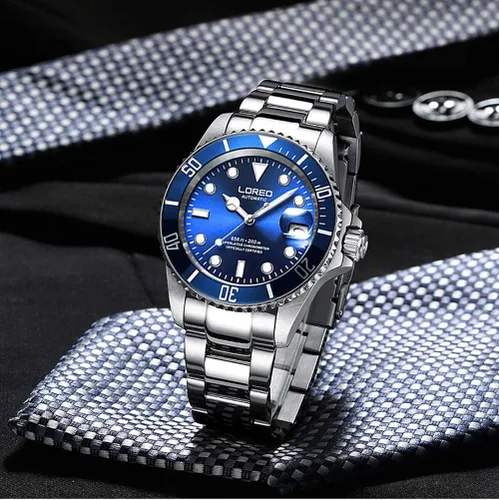 Vista 4 de LOREO Reloj automático para hombre de acero inoxidable plateado con bisel giratorio negro