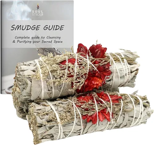 Vista 16 de SOUL STICKS Paquete de 3 barras de salvia blanca floral con flores para limpiar el hogar, meditación, yoga, curación y manchas, California de origen