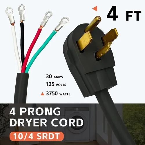 Vista 2 de Cable de secado de 4 puntas, 4 pies SRDT 10/4, cable de alimentación de extensión de electrodomésticos de 30 amperios, NEMA 14-30, negro