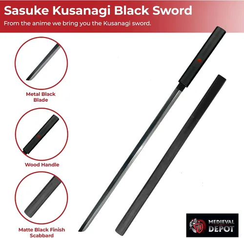 Vista 3 de MedievalDepot Sasuke Kusanagi Espada Negra – Total 40" – Hoja de acero completa con acabado mate, funda y mango de madera – Exhibición inspirada