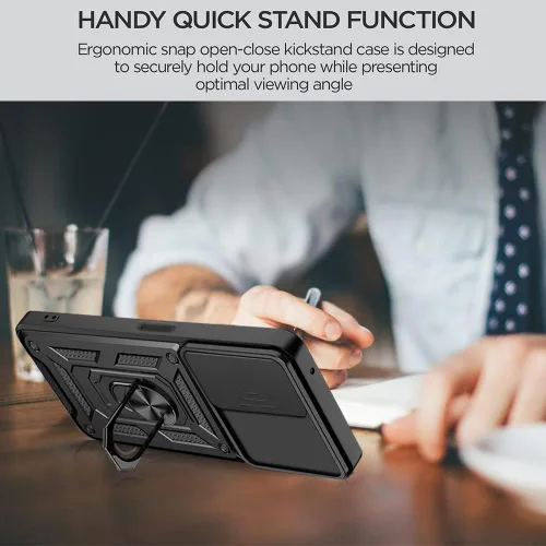Vista 4 de Ysnzaq Funda resistente a prueba de golpes de grado militar para Xiaomi Poco M5 6.58 ", protección de lente de ventana deslizante con soporte
