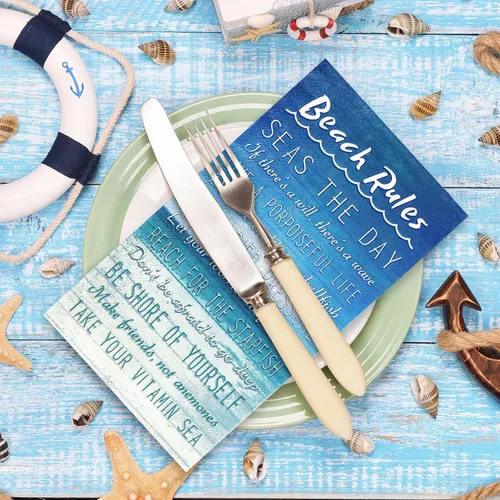 Vista 6 de AnyDesign Paquete de 100 servilletas de papel desechables con reglas de playa para verano, servilletas de papel desechables con palabras de mar