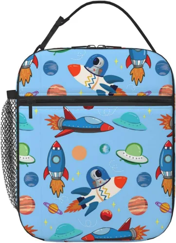 Vista 5 de Lonchera espacial para niños y niñas, térmica, térmica, linda bolsa de almuerzo para la escuela Dibujos animados aeroespacial