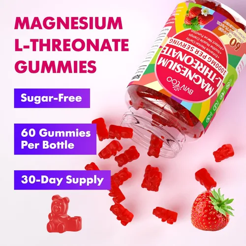 Vista 6 de Gomitas de magnesio L-treonato de 1000mg para niños y adultos - Apoyo para el sistema muscular y nervioso, veganas, sin azúcar sabor fresa, 60