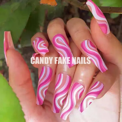 Vista 39 de Uñas postizas francesas a presión, uñas postizas largas de acrílico con forma de ataúd de cobertura completa, uñas postizas de bailarina