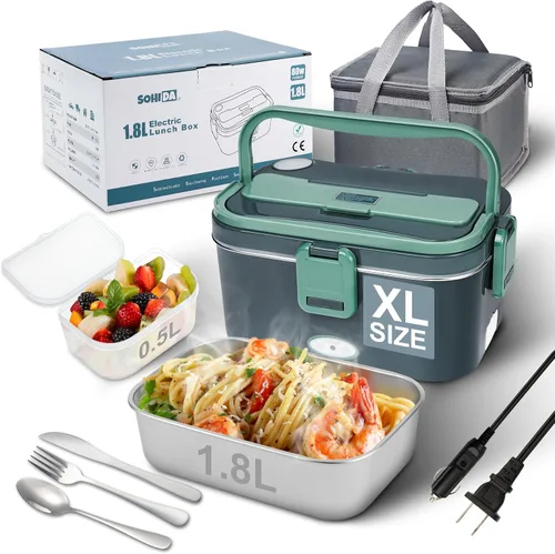 Vista 14 de SOHIDA Fiambrera eléctrica, calentador de alimentos portátil de 12 V/24 V/110 V con tenedor SS y cuchara para coche/camión/oficina, lonchera Negro