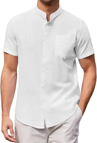 Vista 8 de Camisas de lino de algodón con cuello de banda, camisas casuales de manga corta con botones, ajuste delgado, para verano, playa, con bolsillo