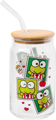 Vista 42 de Silver Buffalo Sanrio - Vaso de vidrio con tapa de bambú y sorbete de vidrio de fotos de Badtz-Maru, 16 onzas