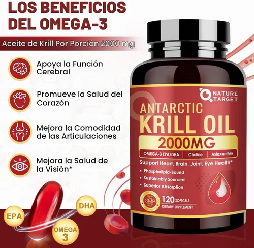 Vista 2 de NATURE TARGET Aceite de krill 2000 mg con Omega-3 y Astaxantina, 120 cápsulas blandas Omega 3 EPA and DHA with Choline, Helps Support Heart