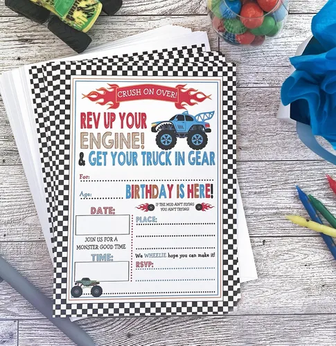 Vista 4 de Baby Fresh Designs Invitaciones de fiesta de cumpleaños Monster Truck - Juego de 15 con sobres