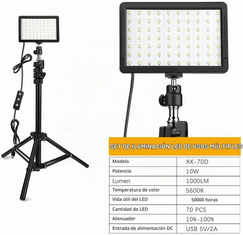 Vista 6 de 3 paquetes de 70 LED Luz de video con soporte de trípode ajustable/Filtros de color, Kit de iluminación de estudio USB Obeamiu 5600K para Claro