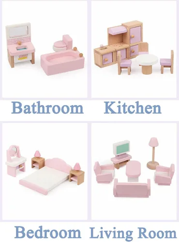Vista 3 de Juego de 22 piezas de muebles de casa de muñecas de madera - Baño, cocina, dormitorio, sala de estar, juego de 4