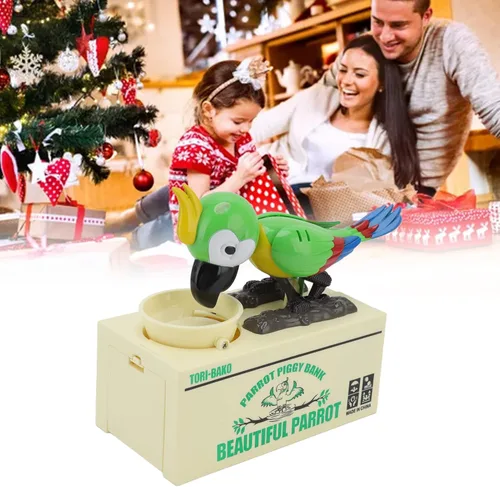 Vista 4 de Caja de loro robador, caja de dinero eléctrica para niños, caja de ahorro de dinero con forma de loro, alcancía electrónica robótica de juguete