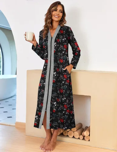 Vista 2 de Ekouaer Bata de manga larga con cremallera para mujer, bata ligera de longitud completa con bolsillos