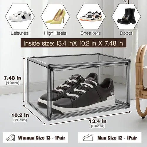 Vista 2 de Paquete de 2 cajas de zapatos de acrílico para armario, transparentes, apilables, tamaño 12 contenedores de almacenamiento de zapatos con tapas