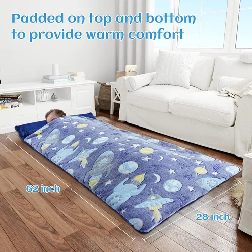 Vista 4 de Saco de dormir para niños que brilla en la oscuridad, para niñas y niños, tapete para siesta de 62 x 28 pulgadas, suave y cómodo para fiestas