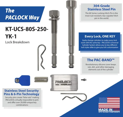 Vista 3 de PACLOCK 's KT-UCS-80S-250-YK-1 Combo de bloqueo de enganche, compre American Act obediente, acero inoxidable, cilindro de 6 pines de alta seguridad