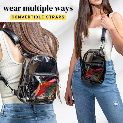 Vista 4 de OTW ONTHEWAE - Mini mochila antirrobo, color negro, transparente, pequeña, con correas convertibles, cruzadas para raves, estadios, festivales