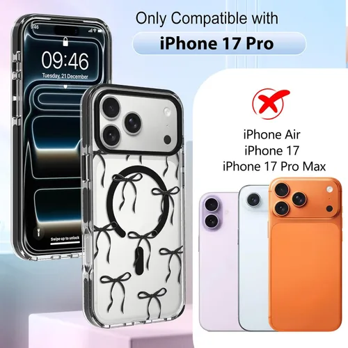 Vista 6 de OOK Funda para iPhone 17 Pro compatible con Magsafe, con protector de pantalla, elegante lazo estético, delgado, transparente, magnético, a prueba