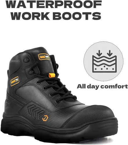 Vista 2 de Jacata Botas de trabajo impermeables de cuero con punta suave/de acero para hombre, resistentes al aceite/antideslizantes de 6 pulgadas con suela