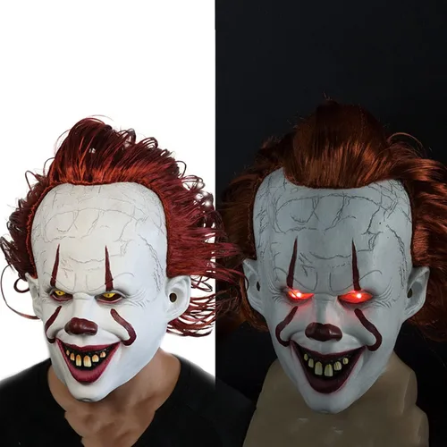 Vista 6 de Led Light Up Clown Mask Joker Cosplay Costume Mask with Hair Scary Adult Masks Dress Up Halloween Party Props