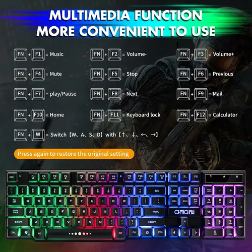 Vista 8 de CHONCHOW Teclado y mouse para juegos con retroiluminación LED USB con iluminación de 104 teclas 3600DPI 2 botones laterales Teclado de mouse