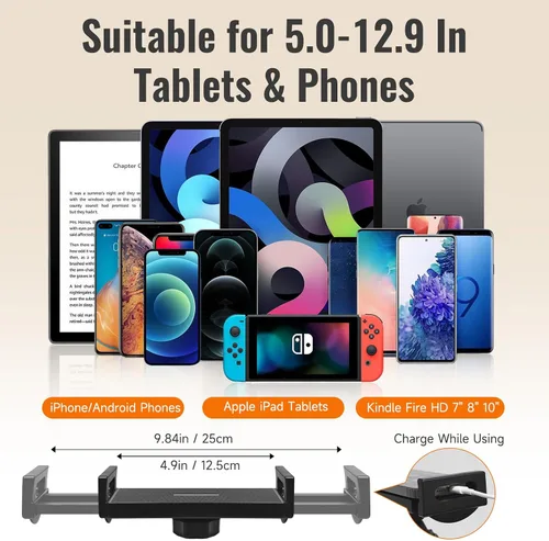Vista 6 de Soporte de teléfono para cama y Kindle para cama, soporte para teléfono celular, soporte ajustable de metal giratorio de 360° para iPad Pro Air
