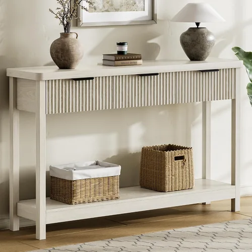 Vista 8 de Lulive Mesa Consola Acanalada de 51" para Entrada, Mesa de Entrada con 3 Cajones de Madera, Mesa Estilo Granja Detrás del Sofá para Sala de Estar
