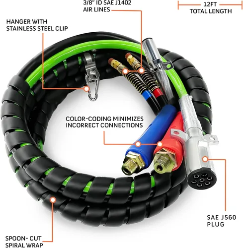 Vista 2 de TORQUE Kit de manguera de línea de alimentación de aire y potencia ABS 3 en 1 de 12 pies, manguera de aire de línea aérea con Glad Hands Wrap, cable