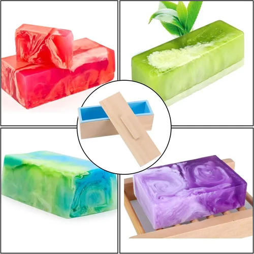 Vista 6 de Juego de 3 moldes de jabón de silicona azul de 45 onzas, moldes rectangulares flexibles para hacer jabón con caja de madera, cubiertas de madera