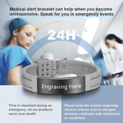 Vista 81 de OPALSTOCK Pulseras médicas personalizadas de silicona ajustable para identificación de emergencias, grabado gratuito, 9 pulgadas, resistente al