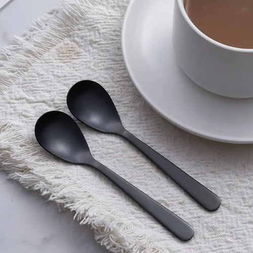 Vista 6 de Cucharas de café expreso Demitasse negro mate, acabado satinado de acero inoxidable, mini cucharaditas, cucharas de azúcar, 4.7 pulgadas, juego de 6