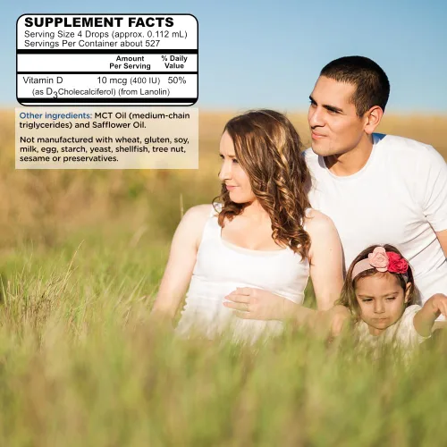 Vista 2 de Gotas de vitamina D para bebés, niños y adultos, líquido puro D3, cuentagotas de dosis fácil, suministro de 2 onzas de Natural Health Goodies