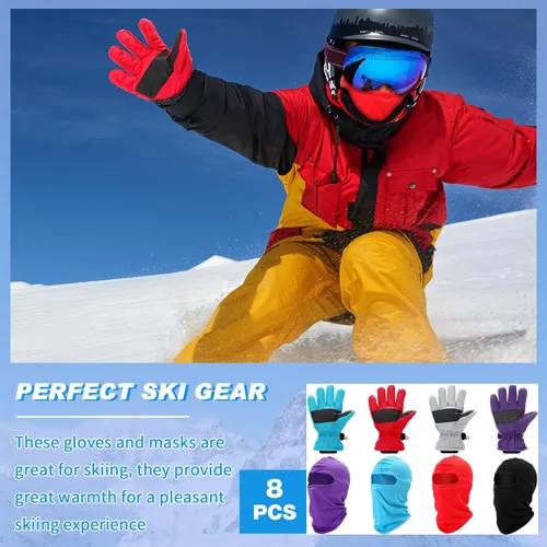Vista 7 de Liitrsh Juego de 8 guantes de esquí de invierno y pasamontañas para niños, incluye 4 pares de guantes de nieve y 4 máscaras de esquí, pasamontañas