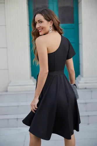 Vista 4 de GRACE KARIN Vestido de verano para mujer, elegante vestido de cóctel de un hombro, con volantes, manga corta, acampanado, vestido de fiesta