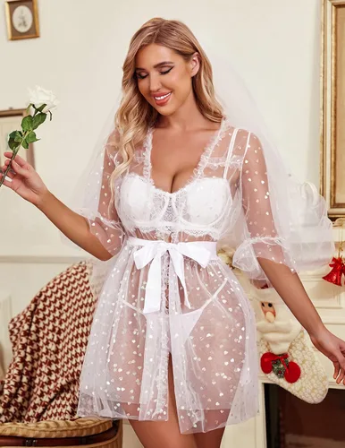 Vista 6 de Avidlove Bata corta para mujer, camisón de malla, babydoll lencería, talla L, Corazón de lámina blanca