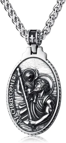 Vista 8 de Collar de San Cristóbal/Jorge/Miguel/Jesús/María para Hombre, Medallón de Santos Patrones, Joyería de Acero Inoxidable