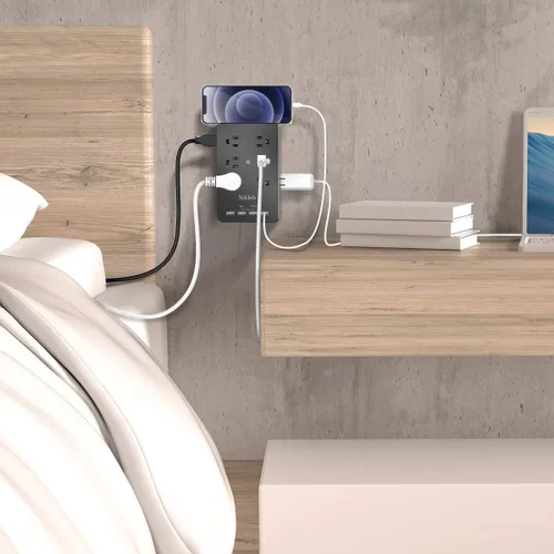 Vista 6 de Cargador de pared con protector de sobretensiones, regleta de alimentación con 12 tomas de corriente alterna anchas, bloques de carga USB de 4