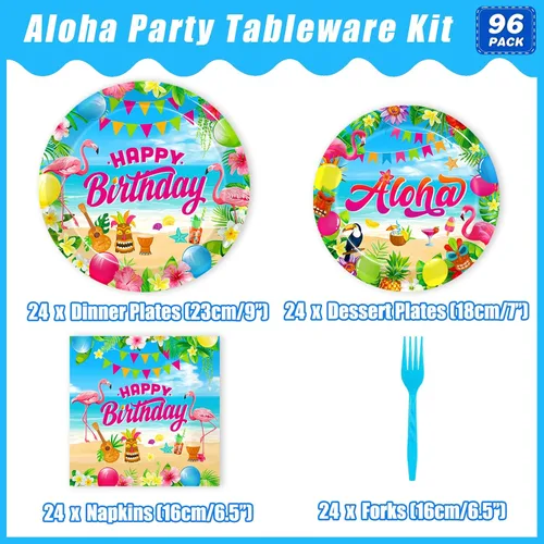 Vista 2 de Kepeel 96 piezas de suministros de decoración de fiesta hawaiana Aloha, platos de fiesta de cumpleaños tropicales Luau Tropical para verano, playa