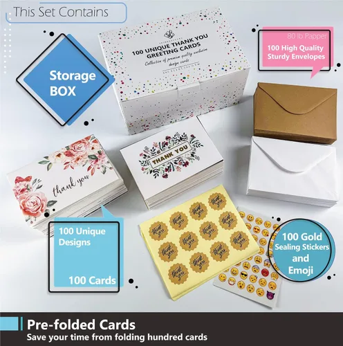 Vista 6 de 100 tarjetas de agradecimiento únicas a granel con sobres, tarjetas de notas en blanco de 4 x 6 con 100 diseños coloridos diferentes, sin
