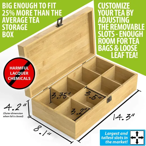 Vista 3 de Caja organizadora de té de bambú sin productos químicos, ecológica, grande, alta y ajustable, baúl de almacenamiento de madera natural