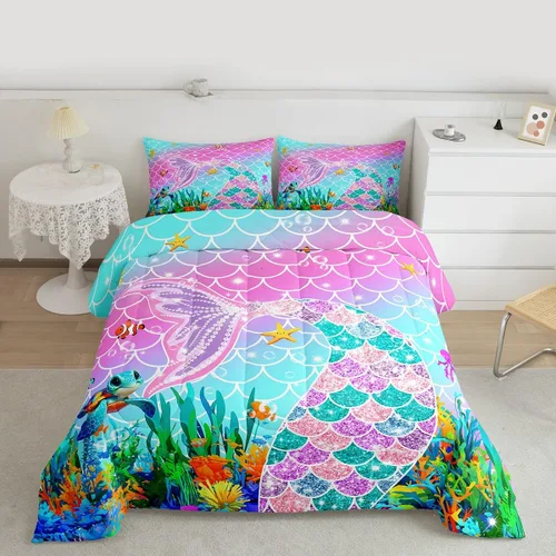 Vista 2 de Feelyou Juego de ropa de cama de sirena suave para niños y niñas, juego de edredón de escamas de peces oceánicos, tamaño individual, edredón