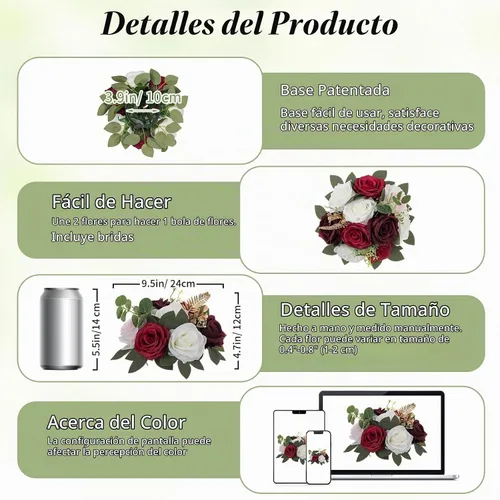 Vista 5 de BLOSMON Centros de mesa de boda de bola de rosas artificiales, 2 piezas Borgoña