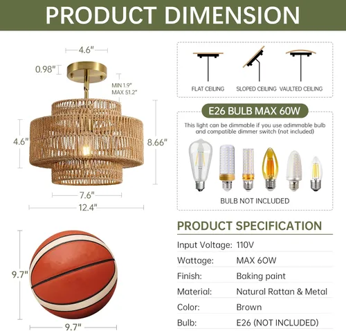 Vista 5 de 12.4” Candelabro de ratán boho, 1 luz, lámpara colgante tejida a mano, lámpara colgante rústica de estilo granja para isla de cocina, recámara