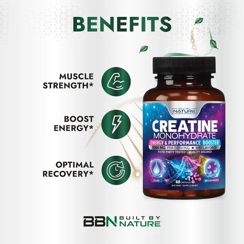 Vista 4 de Built by Nature Píldoras de monohidrato de creatina, suplemento de creatina micronizada para hombres y mujeres, fuerza muscular, energía