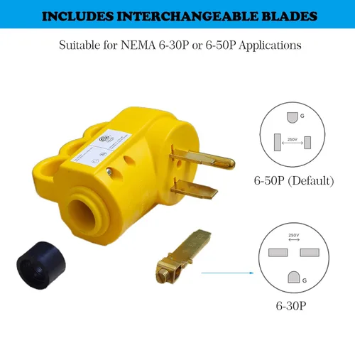Vista 4 de Veepeak NEMA 6-50P/ 6-30P Reemplazo de enchufe, 30/50 Amp 250 voltios, enchufe de cable de alimentación resistente de 3 clavijas con mango