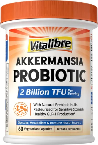 Vista 9 de Vitalibre Akkermansia Muciniphila Probiotic 1 mil millones de TFU con inulina prebiótica natural, aumenta naturalmente GLP-1, digestión saludable