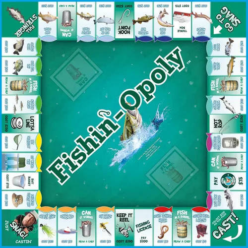 Vista 4 de Late for the Sky Fishin'-Opoly Juego de mesa, 2-6 jugadores Estrategia Pesca