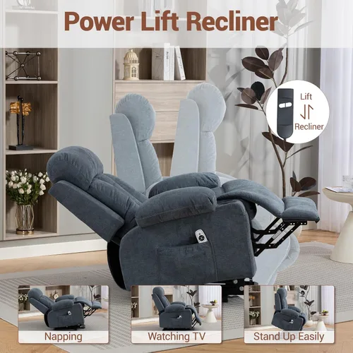 Vista 3 de Silla reclinable eléctrica para personas mayores con masaje por vibración y calor lumbar, silla elevadora para adultos con soporte para tazas