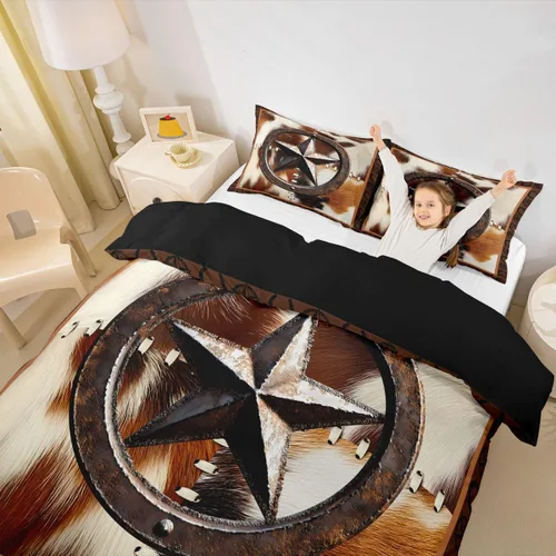 Vista 5 de Juego de ropa de cama de piel de vaca para niños y niñas, funda de edredón con estampado de estrellas de piel de vaca occidental, funda de edredón